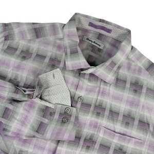 Tommy Bahama Silk Blend Flip Cuff Button Up Shirt Plaid Purple Gray Long Sleeve